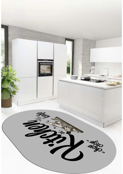 Kitchen Yazılı Modern Kaymaz Taban Yıkanabilir Oval Mutfak Halısı, O-Mutfak-41-Gri-Siyah,