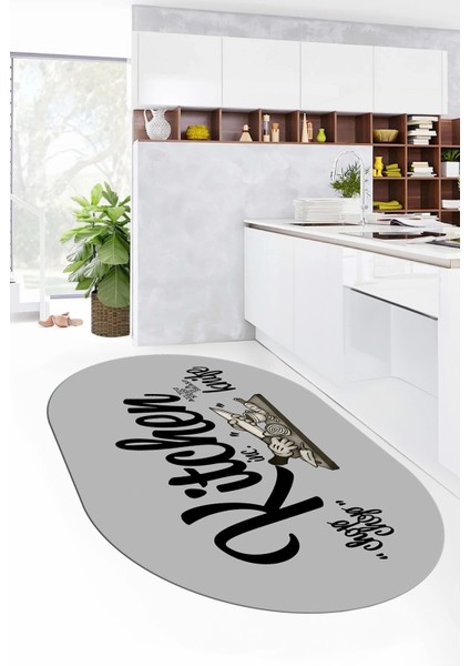 Kitchen Yazılı Modern Kaymaz Taban Yıkanabilir Oval Mutfak Halısı, O-Mutfak-41-Gri-Siyah, fiyatları