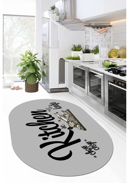 Kitchen Yazılı Modern Kaymaz Taban Yıkanabilir Oval Mutfak Halısı, O-Mutfak-41-Gri-Siyah, modelleri