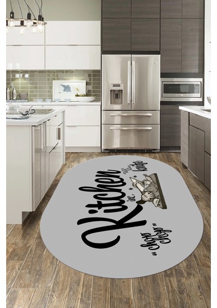 Kitchen Yazılı Modern Kaymaz Taban Yıkanabilir Oval Mutfak Halısı, O-Mutfak-41-Gri-Siyah, fırsatları
