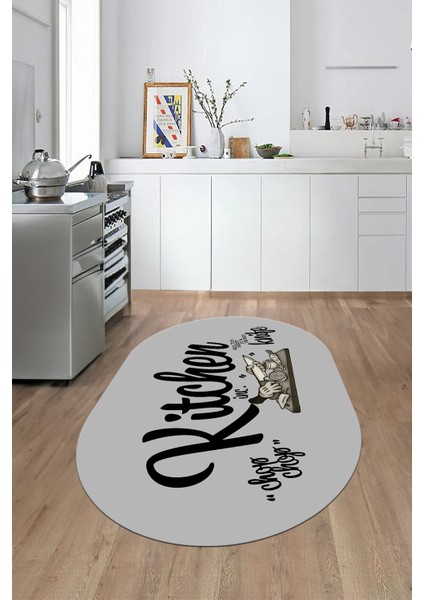 Kitchen Yazılı Modern Kaymaz Taban Yıkanabilir Oval Mutfak Halısı, O-Mutfak-41-Gri-Siyah, indirimleri