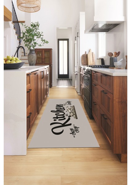 Kitchen Yazılı Modern Kaymaz Taban Yıkanabilir Mutfak Halısı, Mutfak-41-Gri-Siyah,