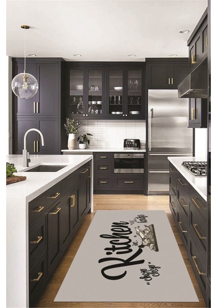 Kitchen Yazılı Modern Kaymaz Taban Yıkanabilir Mutfak Halısı, Mutfak-41-Gri-Siyah, fırsatları