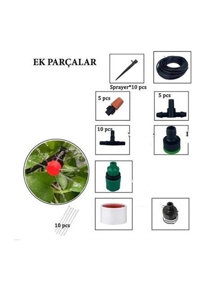 15 Metre Bahçe Damlama Sulama Sistemi Seti Hortum ve Ek Parçaları ( Lisinya )