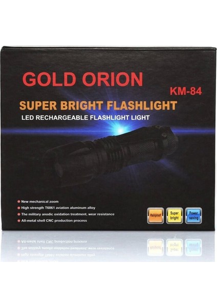 Gold Orion Km-84 Tasarruflu Şarjlı Zoomlu Metal El Feneri Kemer Klipsli ( Lisinya )