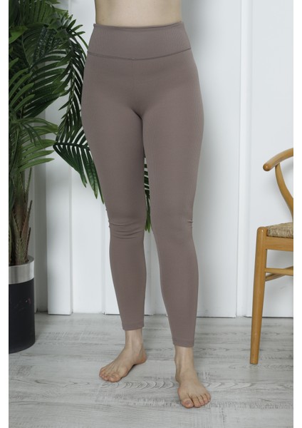 Kadın Yüksek Bel Toparlayıcı Tayt Kaşkorse Fitilli Vizon modelleri