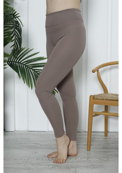 Kadın Yüksek Bel Toparlayıcı Tayt Kaşkorse Fitilli Vizon indirimleri