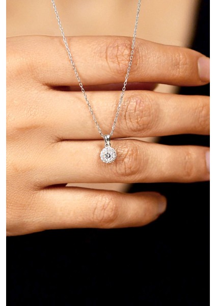 Zirkon Taşlı Rodyum Minimal Yuvarlak Anturaj Gümüş Kolye