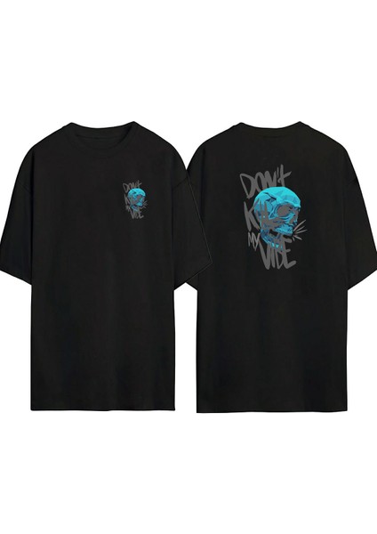 Unisex Don't Kıll My Vıbe Skull Ön Arka Baskılı Sıyah Oversize T-Shirt