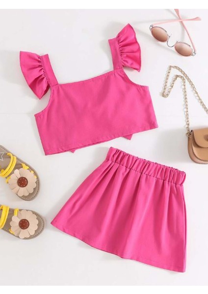 Kız Çocuk Omzu Fırfırlı Papyonlu Üst ve Büzgülü Etek modelleri