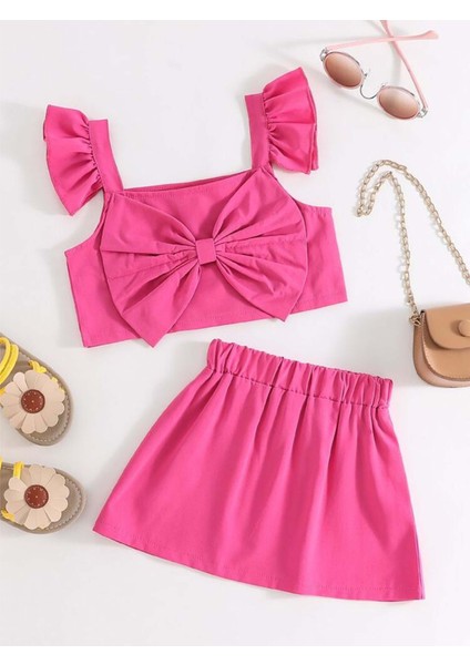 Kız Çocuk Omzu Fırfırlı Papyonlu Üst ve Büzgülü Etek