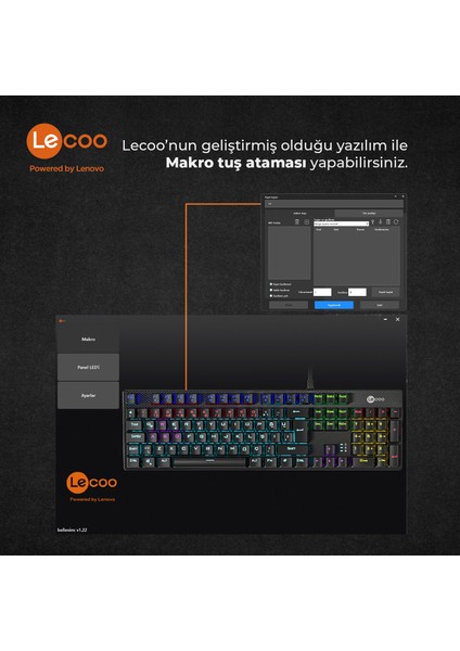 Lenovo Lecoo KG1101 Makro Tuşlu USB Kablolu RGB LED Aydınlatmalı Blue Switch Gaming Mekanik Türkçe Q Klavye Siyah