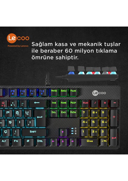 Lenovo Lecoo KG1101 Makro Tuşlu USB Kablolu RGB LED Aydınlatmalı Blue Switch Gaming Mekanik Türkçe Q Klavye Siyah