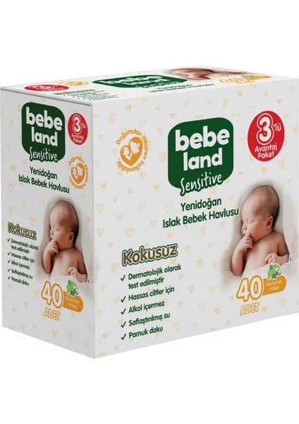 Yenidoğan Islak Bebek Havlusu Bebeland (3 x 40 ) 3 Lü Avantaj Peket