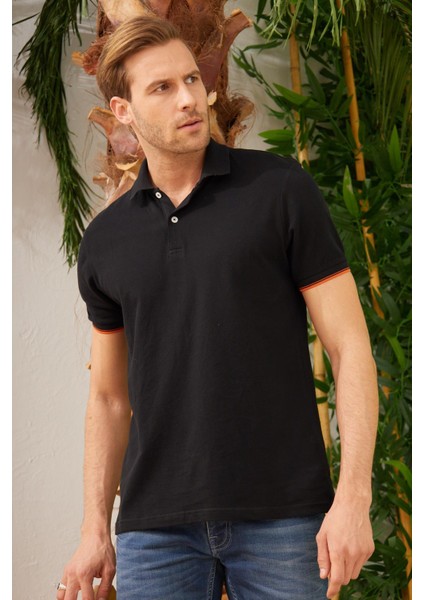 Erkek Intersiye Yaka Detaylı Pamuklu Polo Yaka T-Shirt Siyah