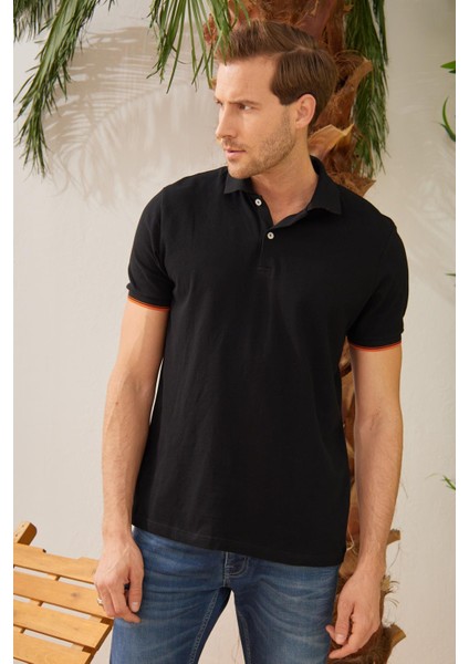 Erkek Intersiye Yaka Detaylı Pamuklu Polo Yaka T-Shirt Siyah modelleri