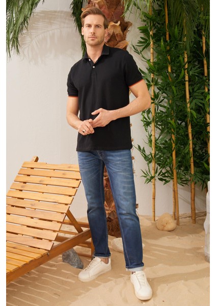 Erkek Intersiye Yaka Detaylı Pamuklu Polo Yaka T-Shirt Siyah fırsatları