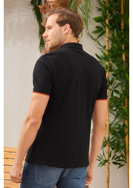 Erkek Intersiye Yaka Detaylı Pamuklu Polo Yaka T-Shirt Siyah indirimleri