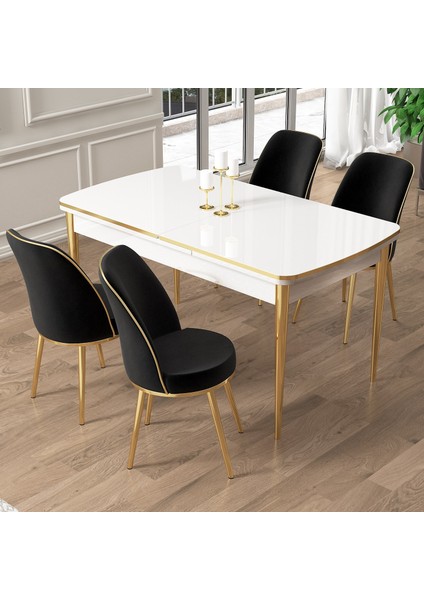 Pale Serisi 80X132 Açılabilir Beyaz Mutfak Masa Takımı 4 Sandalye Gold Detay