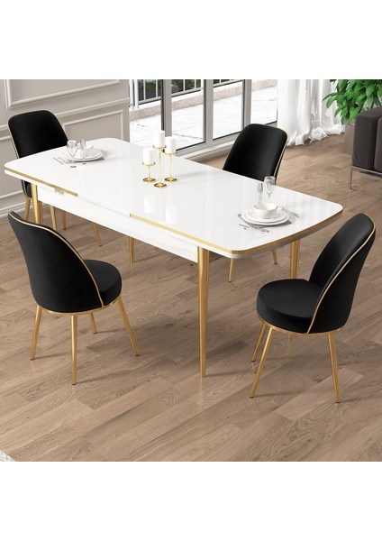Pale Serisi 80X132 Açılabilir Beyaz Mutfak Masa Takımı 4 Sandalye Gold Detay