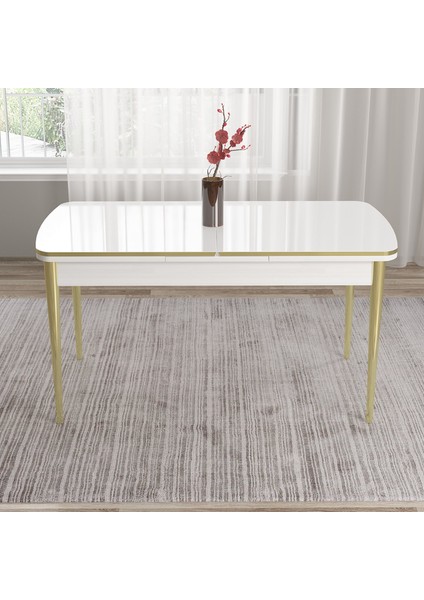 Pale Serisi 80X132 Açılabilir Beyaz Mutfak Masa Takımı 4 Sandalye Gold Detay