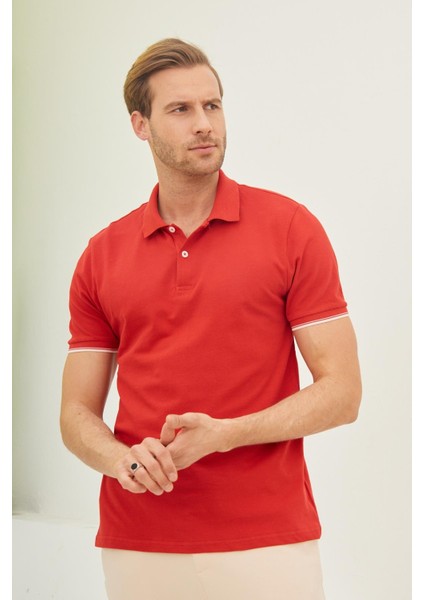 Erkek Intersiye Yaka Detaylı Pamuklu Polo Yaka T-Shirt Kırmızı