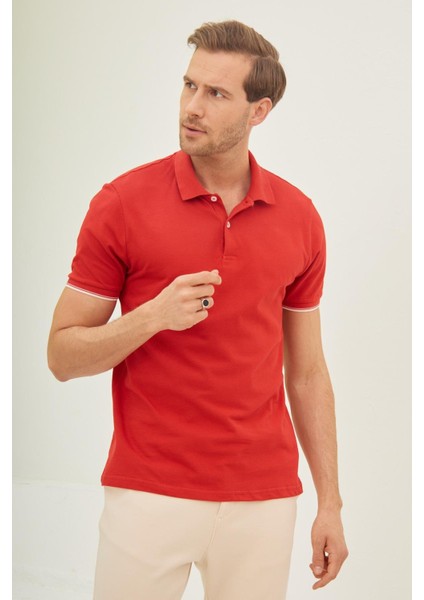 Erkek Intersiye Yaka Detaylı Pamuklu Polo Yaka T-Shirt Kırmızı fiyatları