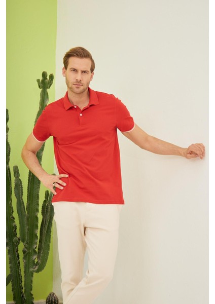 Erkek Intersiye Yaka Detaylı Pamuklu Polo Yaka T-Shirt Kırmızı modelleri