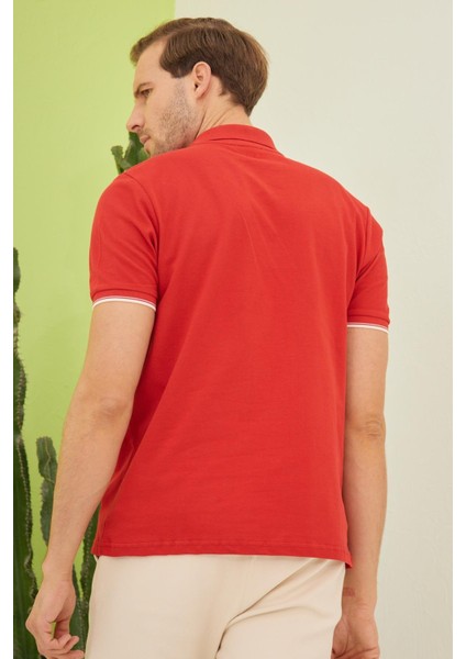 Erkek Intersiye Yaka Detaylı Pamuklu Polo Yaka T-Shirt Kırmızı fırsatları