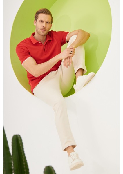 Erkek Intersiye Yaka Detaylı Pamuklu Polo Yaka T-Shirt Kırmızı indirimleri