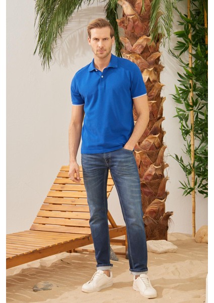 Erkek Intersiye Yaka Detaylı Pamuklu Polo Yaka T-Shirt Mavi fiyatları
