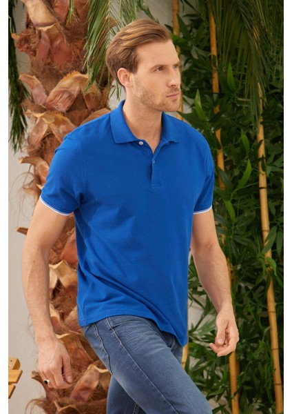 Erkek Intersiye Yaka Detaylı Pamuklu Polo Yaka T-Shirt Mavi modelleri