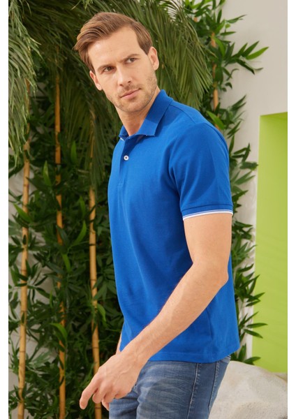 Erkek Intersiye Yaka Detaylı Pamuklu Polo Yaka T-Shirt Mavi fırsatları