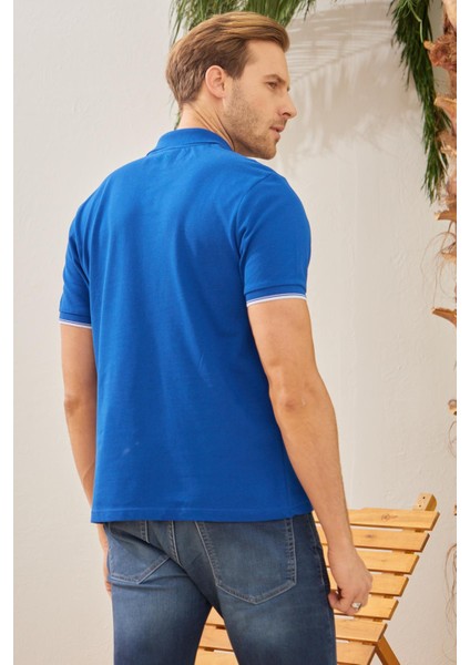 Erkek Intersiye Yaka Detaylı Pamuklu Polo Yaka T-Shirt Mavi indirimleri