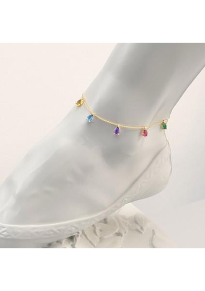 Renkli Damla Taşlı Altın Kaplama Gümüş Halhal fiyatları