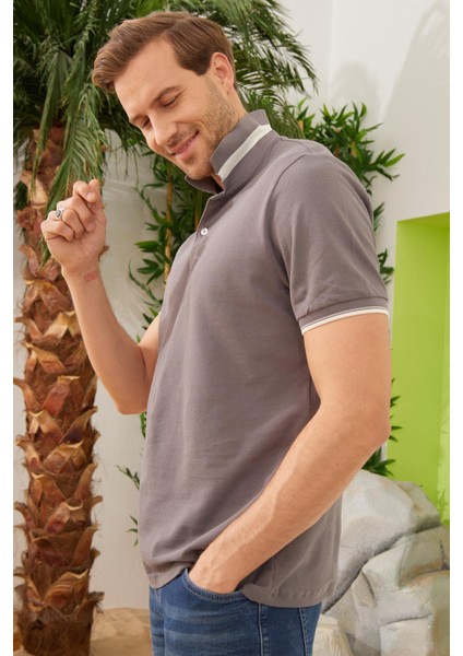 Erkek Intersiye Yaka Detaylı Pamuklu Polo Yaka T-Shirt Antrasit