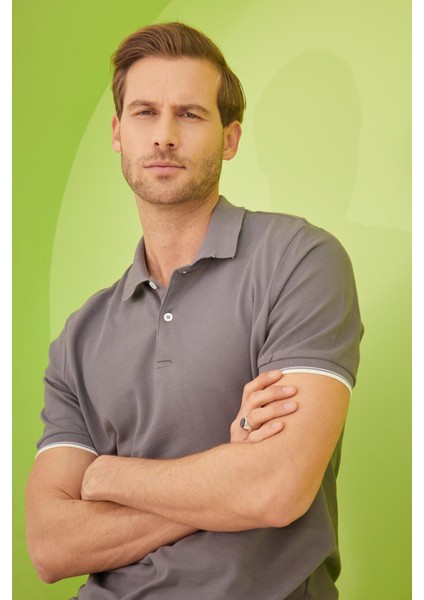 Erkek Intersiye Yaka Detaylı Pamuklu Polo Yaka T-Shirt Antrasit fiyatları