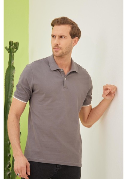 Erkek Intersiye Yaka Detaylı Pamuklu Polo Yaka T-Shirt Antrasit modelleri