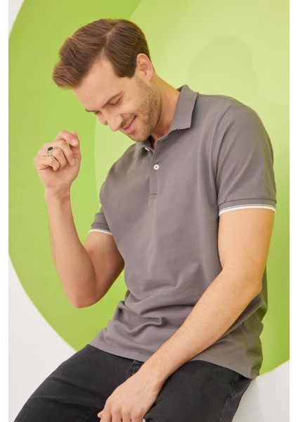 Erkek Intersiye Yaka Detaylı Pamuklu Polo Yaka T-Shirt Antrasit indirimleri