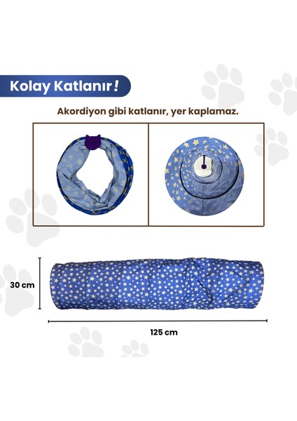 Yıldız Desenli Uzun Kedi Tüneli 125 Cm Güvenli Kedi Oyun Alanı Katlanabilir Dayanıklı Kedi Tüneli