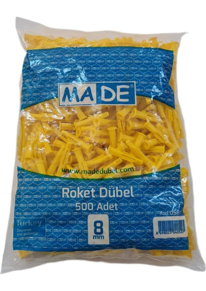 8 mm 500 Adet Sarı Roket Dübel | Duvar, Alçıpan, Betonda Güçlü Montaj