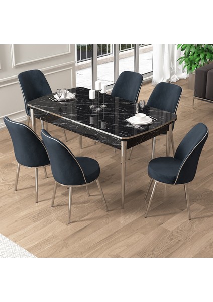 Pale Serisi 80X132 Açılabilir Siyah Mermer Desen Mutfak Masa Takımı 6 Sandalye Krom Detay