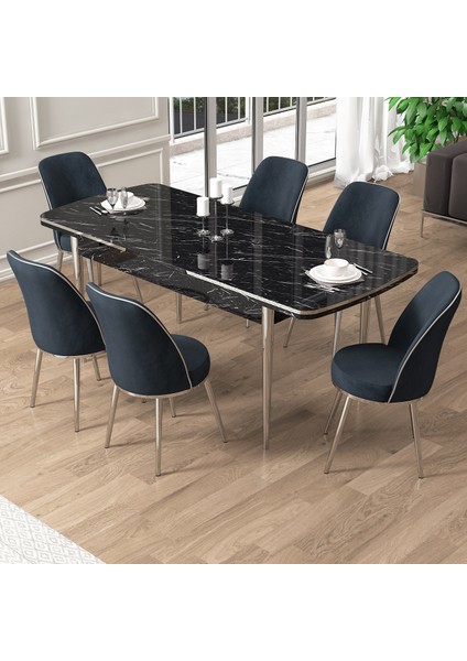 Pale Serisi 80X132 Açılabilir Siyah Mermer Desen Mutfak Masa Takımı 6 Sandalye Krom Detay fiyatları