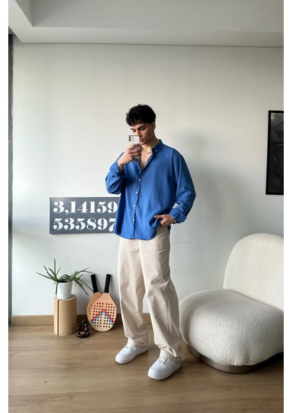 Basic Saks Mavisi Uzun Kollu Oversize Gömlek