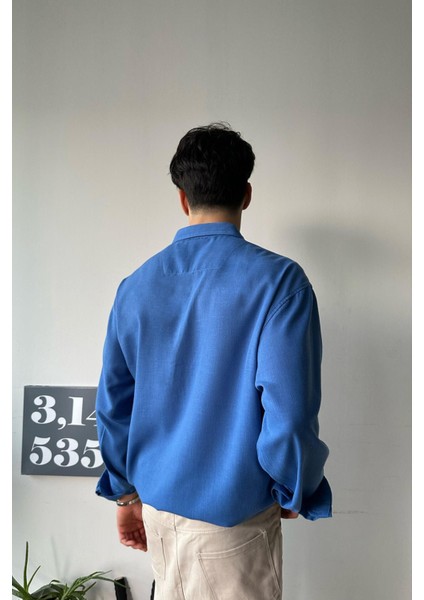 Basic Saks Mavisi Uzun Kollu Oversize Gömlek