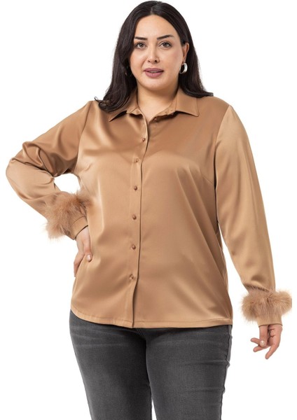 Büyük Beden Kolu Tüy Detaylı Top Düğmeli Saten Vizon Gömlek