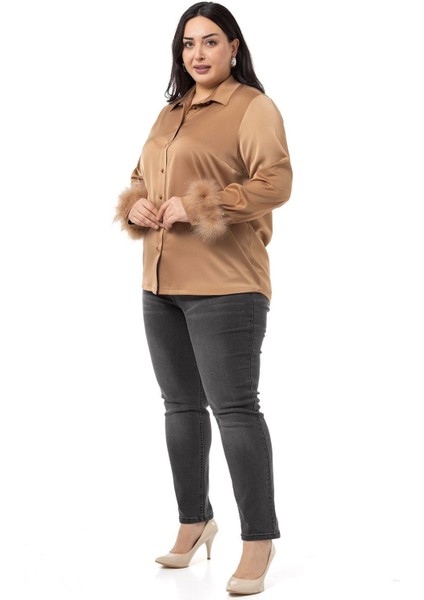 Büyük Beden Kolu Tüy Detaylı Top Düğmeli Saten Vizon Gömlek fiyatları