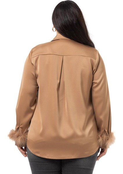 Büyük Beden Kolu Tüy Detaylı Top Düğmeli Saten Vizon Gömlek modelleri