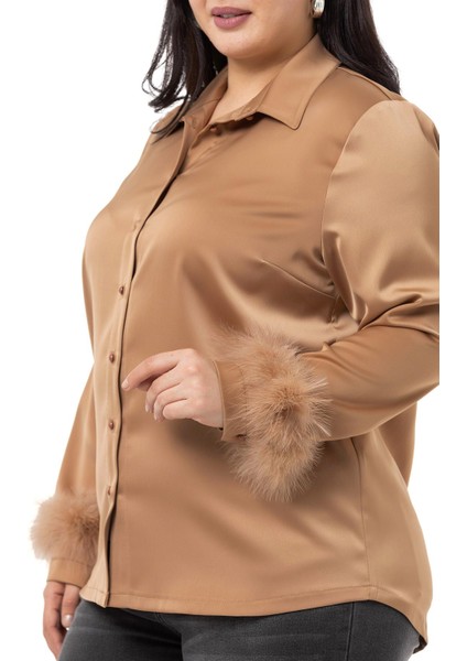 Büyük Beden Kolu Tüy Detaylı Top Düğmeli Saten Vizon Gömlek fırsatları