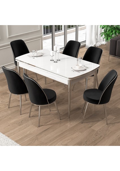 Pale Serisi 80X132 Açılabilir Beyaz Mutfak Masa Takımı 6 Sandalye Krom Detay